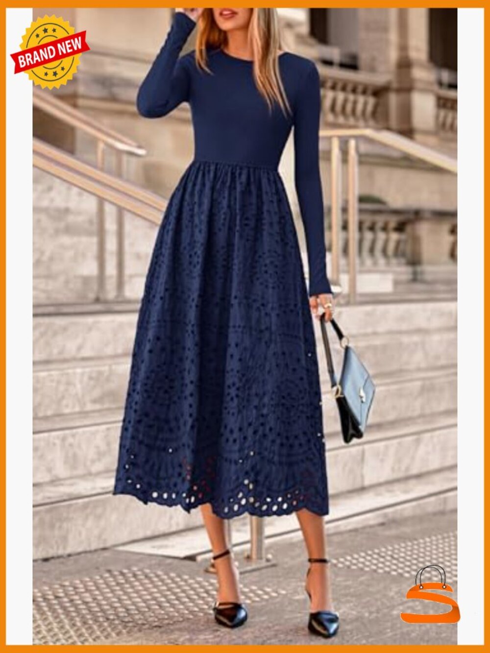 Women's Long Sleeve Maxi Dress A-Line Boho Eyelet Cotton Blend Pockets - Picture 4 of 7